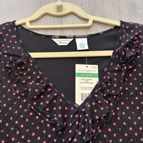 NWT Laura Ashley Black Pink Polka Dot Lace Ruffle Front Shirt Blouse Sz 2X - Picture 4 of 8